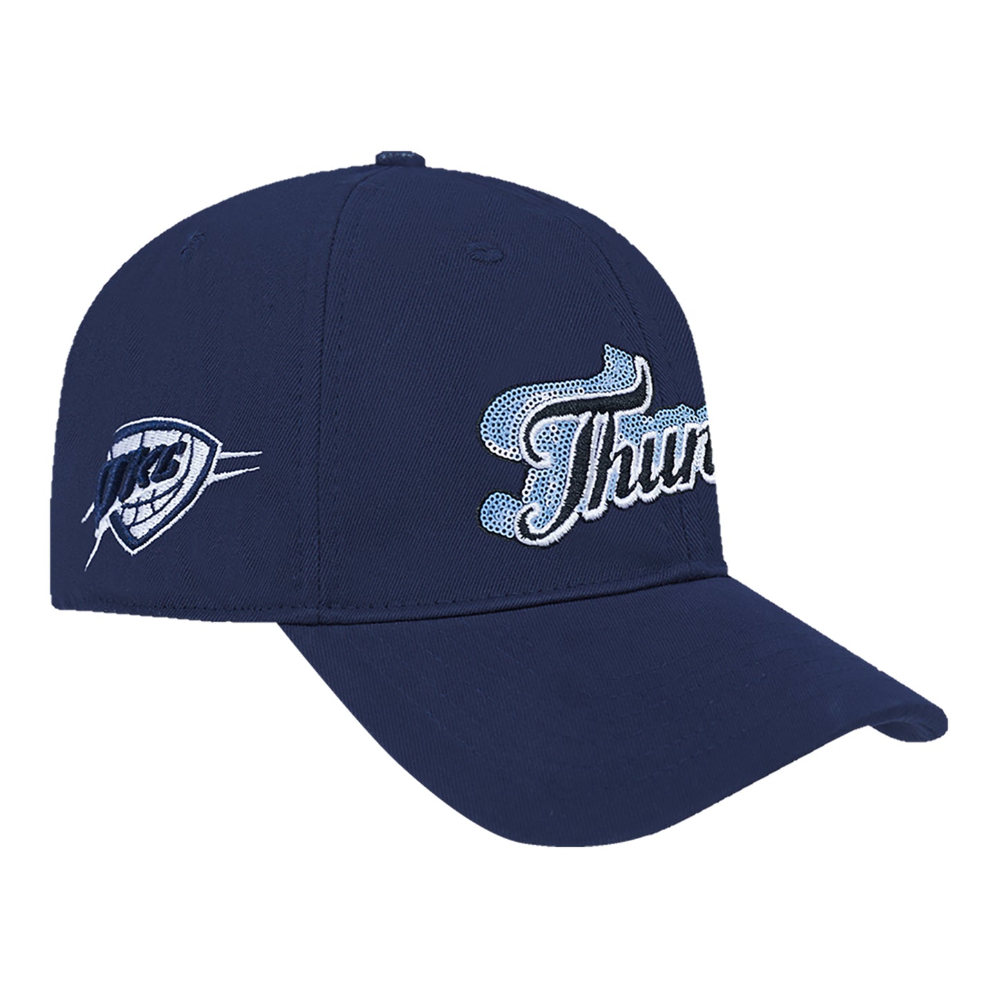 LADIES OKC THUNDER PRO STANDARD CITY LIGHTS SEQUIN HAT in Blue - Front Right View
