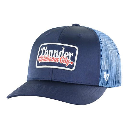 Ladies OKC Thunder 47 Brand Love Patch Satin Trucker Hat in Blue - Front Left view