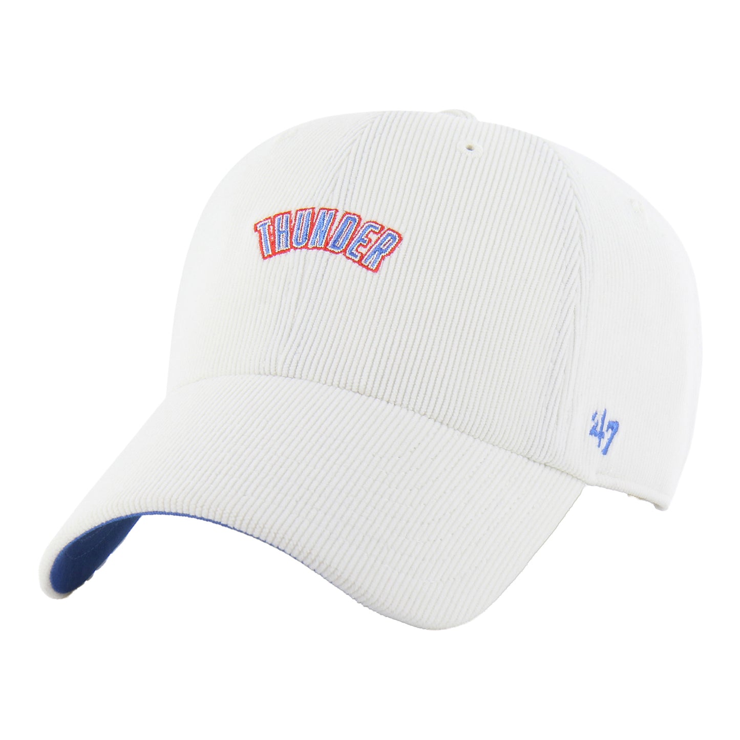 Ladies OKC Thunder 47 Brand Micro Wordmark Corduroy Clean Up Hat in White - Front Left View