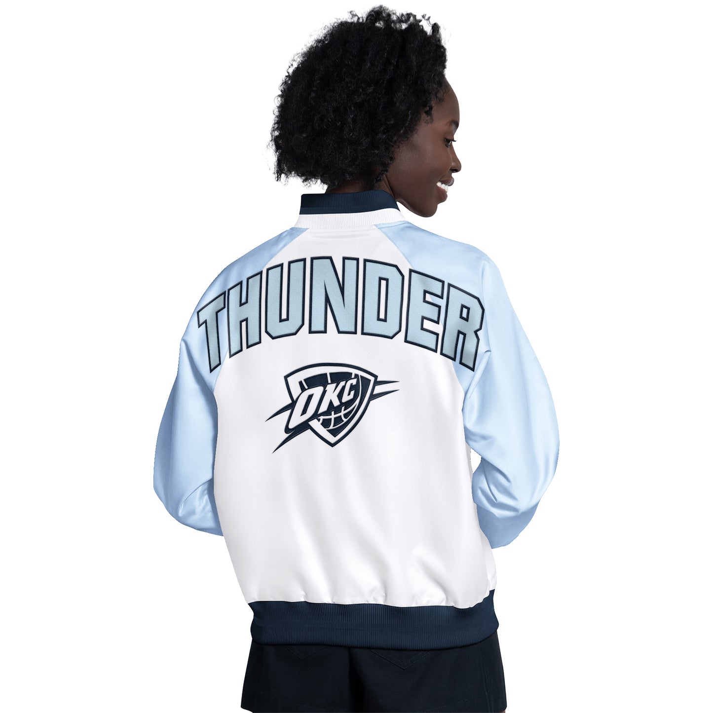 Ladies OKC Thunder GIII Satin Blitz Snap Jacket in White - Back View