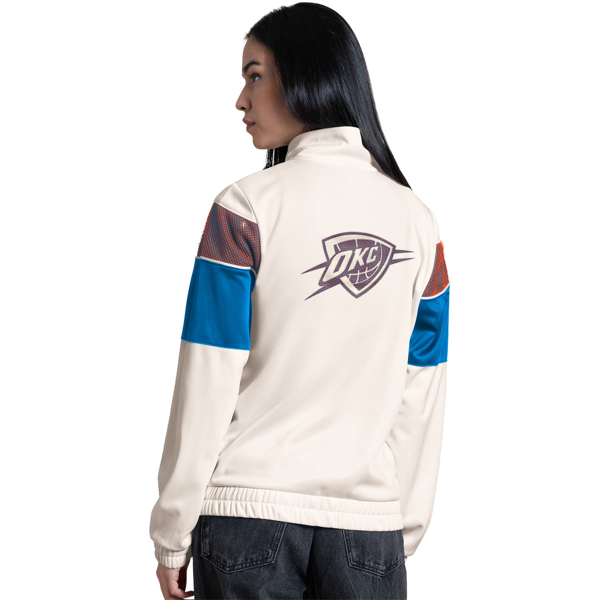 Women's OKC Thunder Starter Game Plan Mesh Full-Zip Jacket in White - Back view
