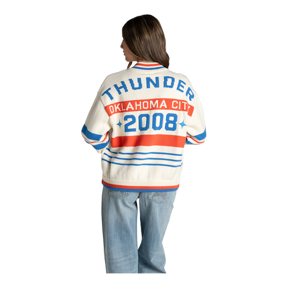 Women's OKC Thunder Wild Collective Boxy Jacquard Sweater - Model Back View