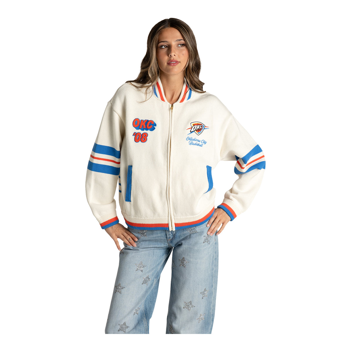 Women's OKC Thunder Wild Collective Boxy Jacquard Sweater - Model Front View