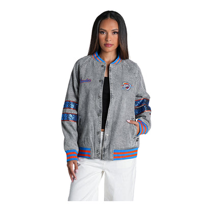 Women's OKC Thunder Wild Collective Denim Sequin Bomber Jacket - Front View