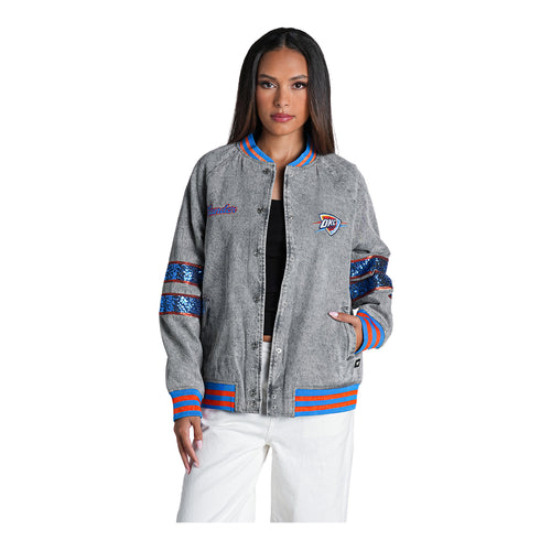 Women's OKC Thunder Wild Collective Denim Sequin Bomber Jacket