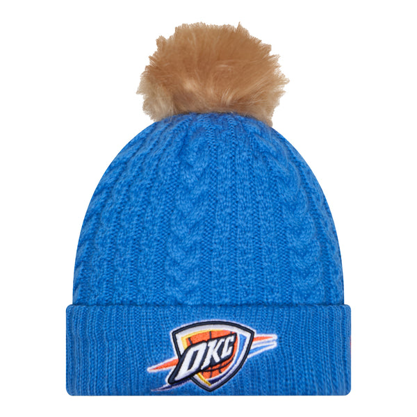 LADIES OKC THUNDER NEW ERA LUXE FAUX FUR POM KNIT IN BLUE - FRONT VIEW