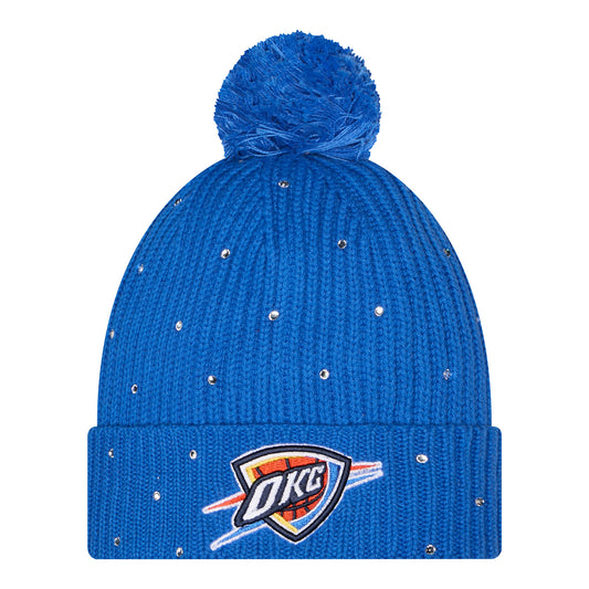 Women's OKC Thunder Rhinestone Pom Knit Hat in Blue - Front View