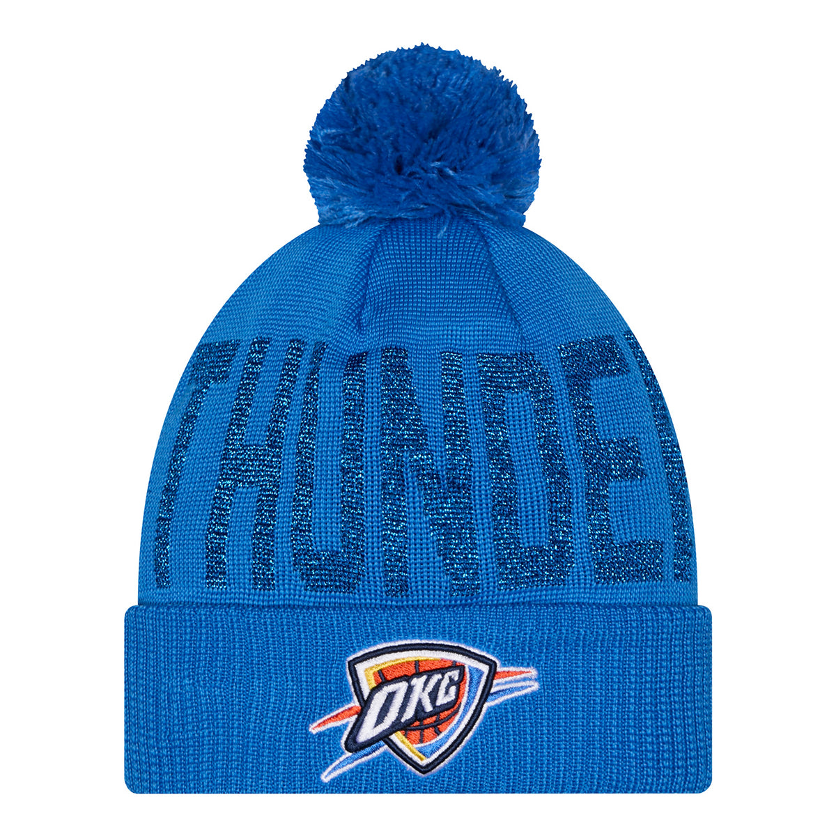Women's OKC Thunder New Era Shimmer Pom Knit Hat in Blue - Front View