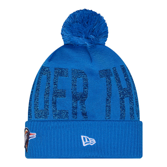 Women's OKC Thunder New Era Shimmer Pom Knit Hat in Blue - Back View
