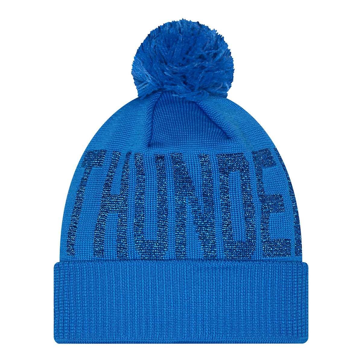 Women's OKC Thunder New Era Shimmer Pom Knit Hat in Blue - Back view