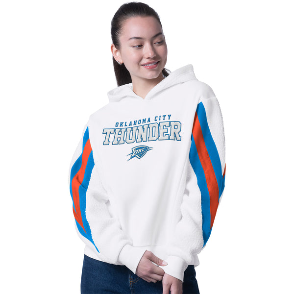 Model Wearing Ladies Oklahoma City Thunder GIII Fresh Field Stripe Sleeves Hooded Pullover in White - Front View