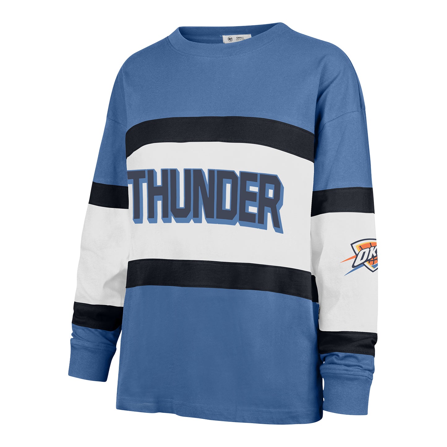 Ladies Oklahoma City Thunder Breezeway Archive Crew Neck Sweatshirt in Blue - Front View