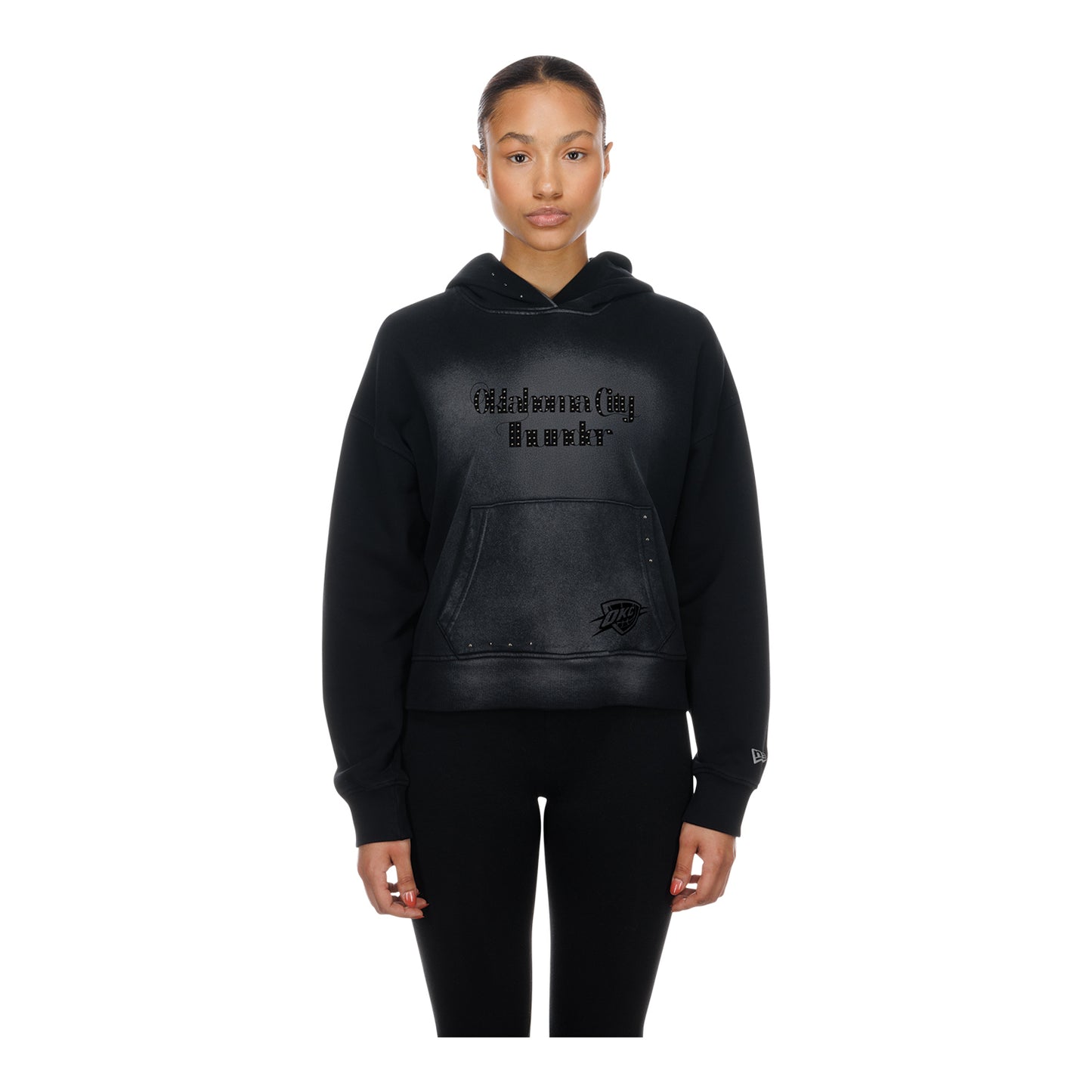 Ladies OKC Thunder New Era Boxy Mineral Wash Sweatshirt in Black - Front View