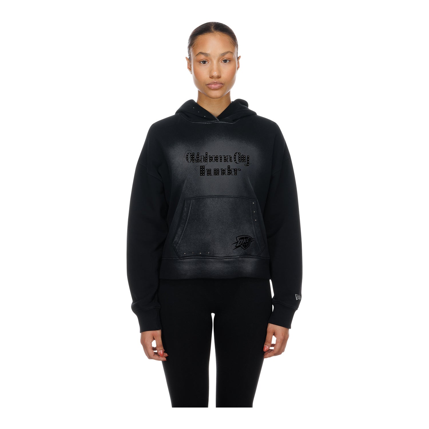 Ladies OKC Thunder New Era Boxy Mineral Wash Sweatshirt in Black - Front View