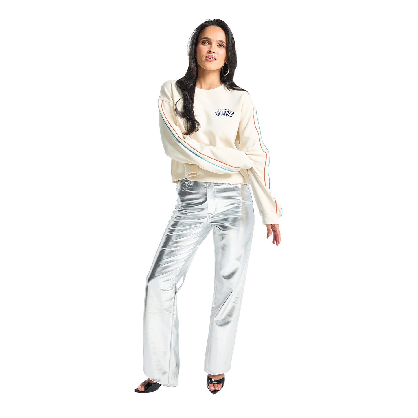 Ladies Oklahoma City Thunder Terez Piping Crop Long Sleeve T-Shirt in White - Front View