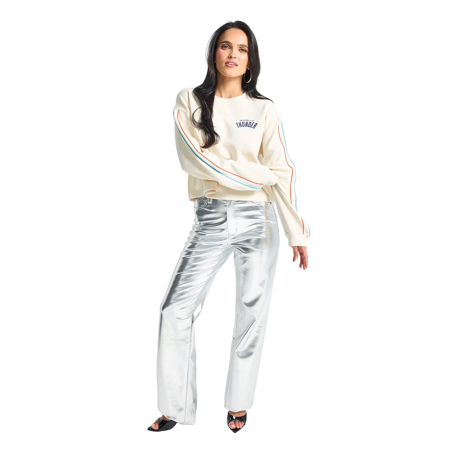 Ladies Oklahoma City Thunder Terez Piping Crop Long Sleeve T-Shirt in White - Front View