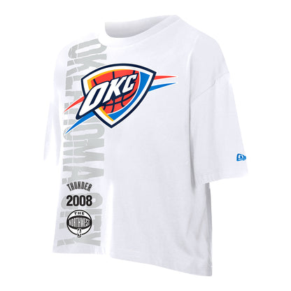 Ladies OKC Thunder New Era Puff Print Cropped T-Shirt in White - Front Left View