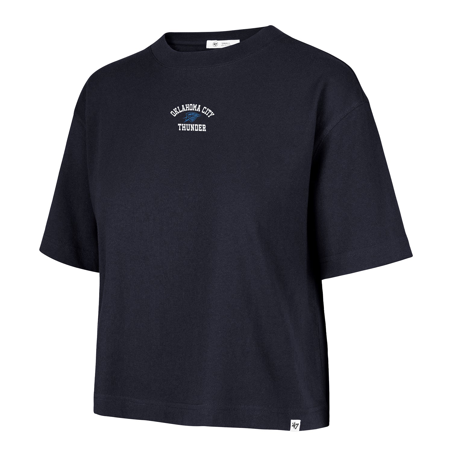 Ladies OKC Thunder 47 Brand Micro Logo Crop T-Shirt in Navy - Front View