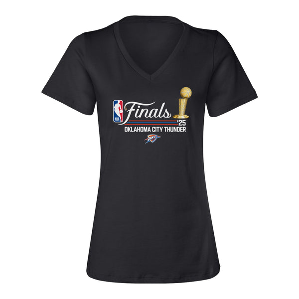 Ladies Oklahoma City Thunder NBA Finals Script V-Neck T-Shirt in Black - Front View