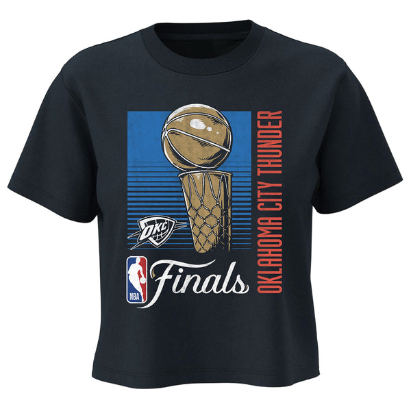 Ladies Oklahoma City Thunder NBA Finals Retro Lines Boxy T-Shirt in Black - Front View