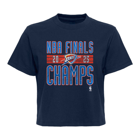 Ladies Oklahoma City Thunder 2025 NBA Champions Distressed Boxy T-Shirt in Blue - Front View