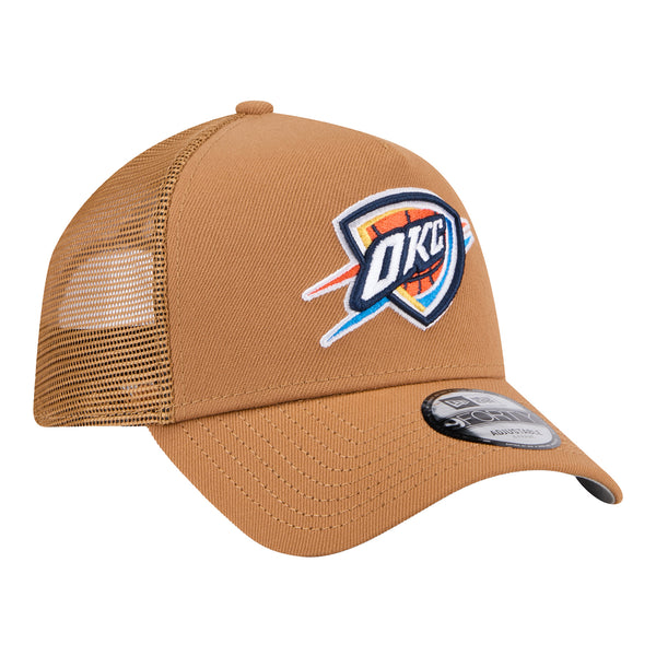 OKC THUNDER NEW ERA 940 COLOR PACK TRUCKER HAT IN BROWN - FRONT RIGHT VIEW