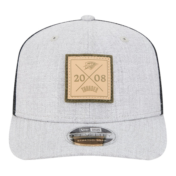 OKC THUNDER NEW ERA 970 HEATHER LEATHER PATCH HAT IN GREY - FRONT VIEW