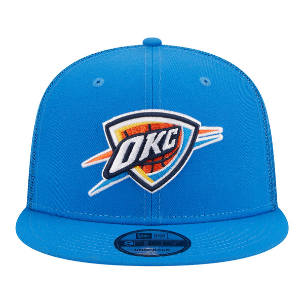 OKC THUNDER NEW ERA 950 CORE SHIELD TRUCKER HAT IN BLUE - FRONT VIEW