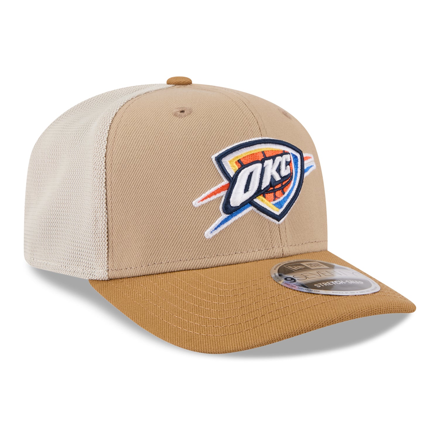 OKC THUNDER NEW ERA 970SS TRUCKER TWO-TONE HAT in Brown - Front Right View
