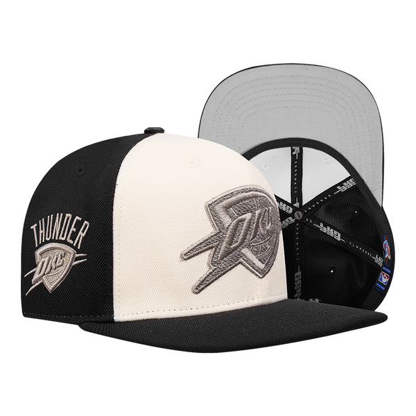 OKC THUNDER PRO STANDARD FRENCH TERRY PINCH SNAPBACK in White and Black - Front and Interior View