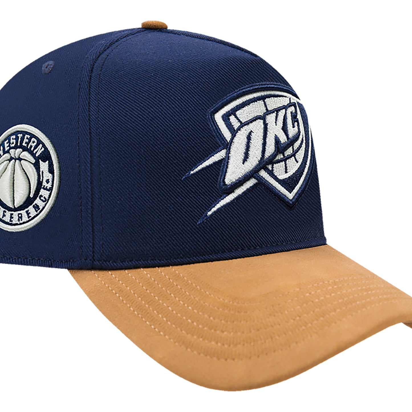 OKC THUNDER PRO STANDARD SUEDE PRO PINCH NAVY SNAPBACK in Navy Right Side View