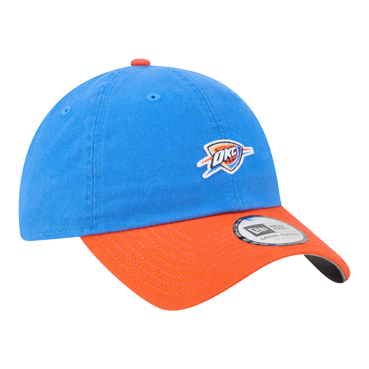 OKC Thunder New Era Casual Classic Two-Tone Mirco Logo Hat in Blue and Orange - Front Right View 