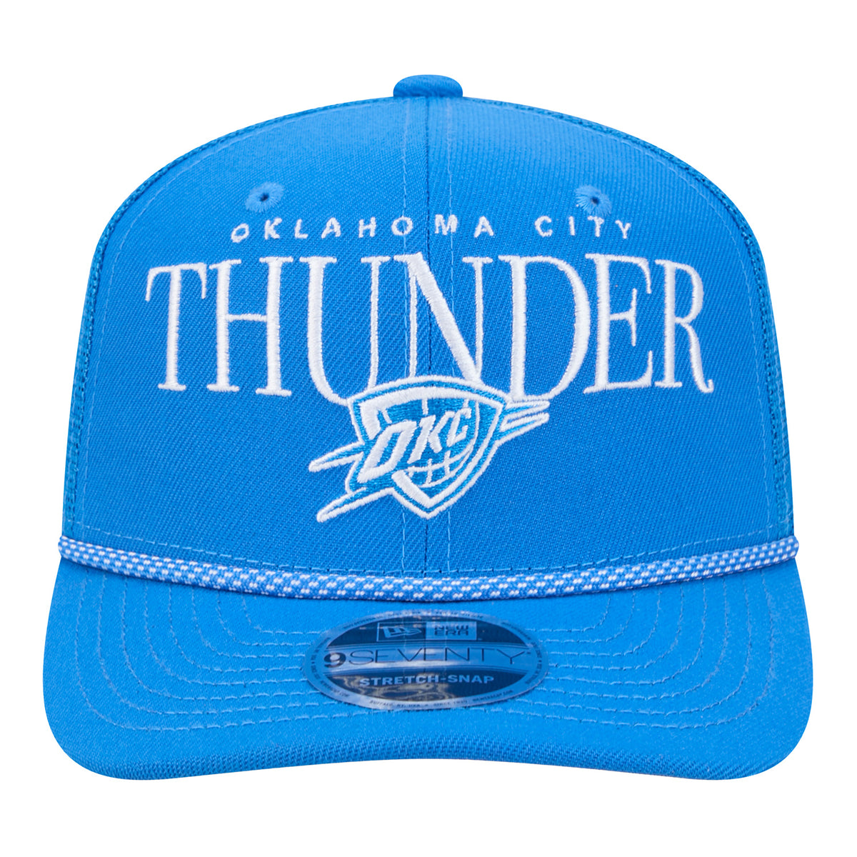 OKC Thunder New Era 9Seventy Stretch Snap Micro Rope Trucker Hat in blue - front view