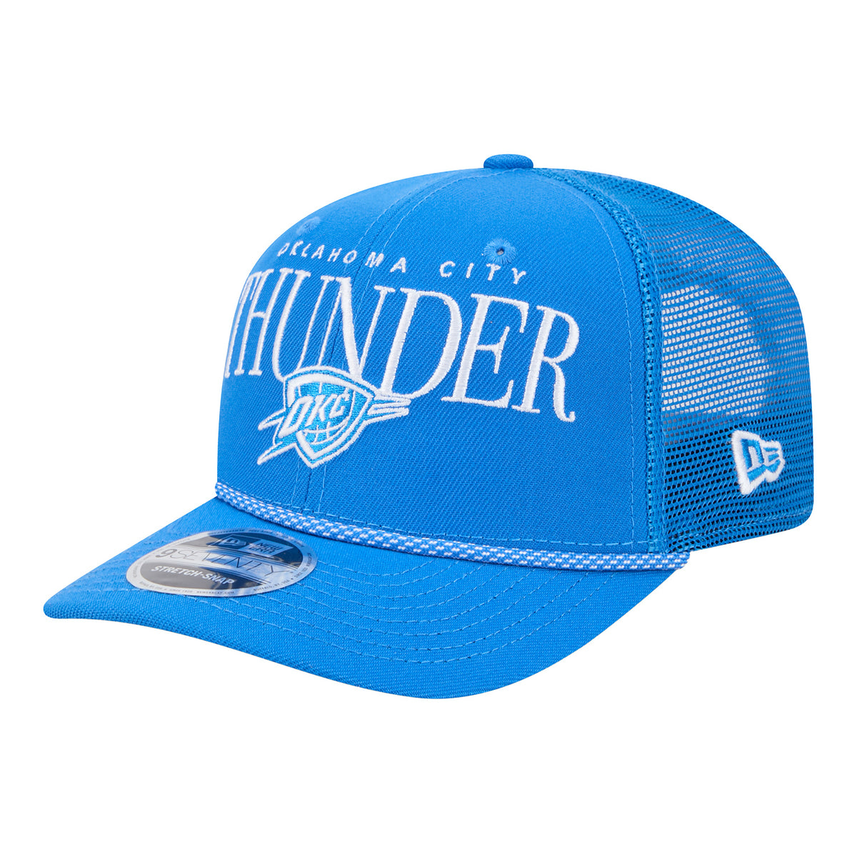 OKC Thunder New Era 9Seventy Stretch Snap Micro Rope Trucker Hat in blue - Front Left View