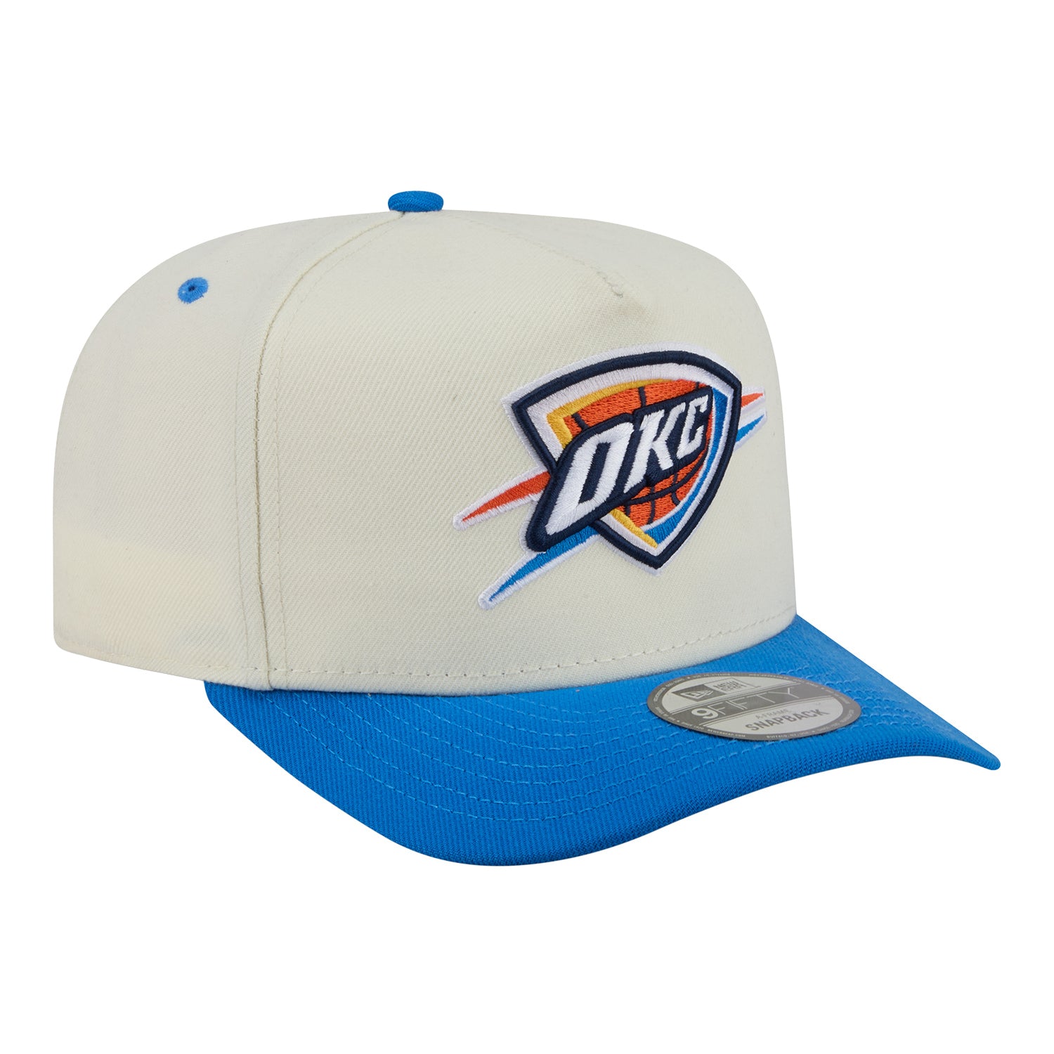 OKC Thunder New Era 9Fifty A-Frame Rear Hit Snap Hat in White - Front Right View