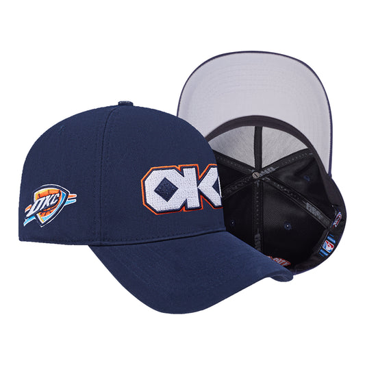 2025-26 CITY EDITION OKC THUNDER PRO STANDARD PRO PINCH SNAPBACK in Blue - Front Right View and Interior View
