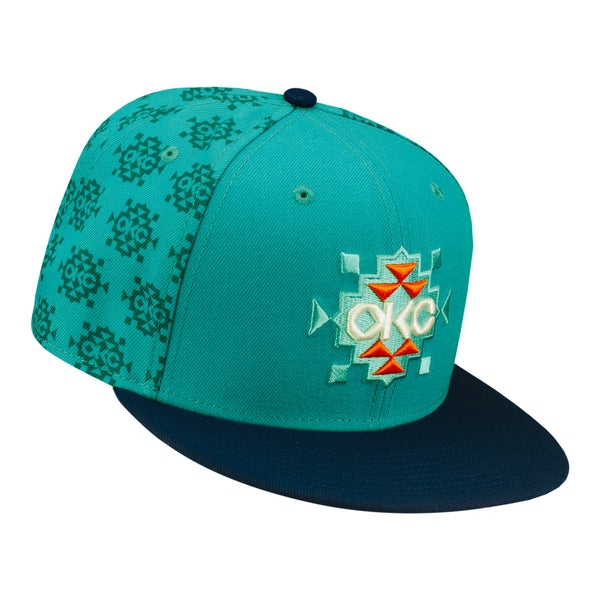 OKC Thunder New Era 9Fifty Native AOP Teal Snapback - Front Right View