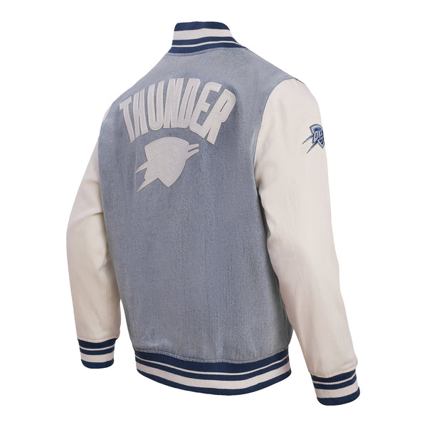 OKC THUNDER VARSITY BLUES BUTTON UP JACKET IN BLUE - BACK RIGHT VIEW