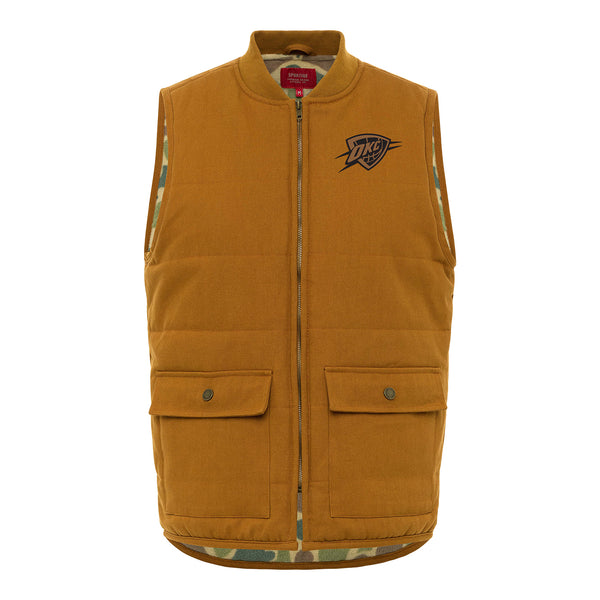 OKC THUNDER SPORTIQE ADAMS FULL-ZIP CAMO VEST IN BROWN - FRONT VIEW