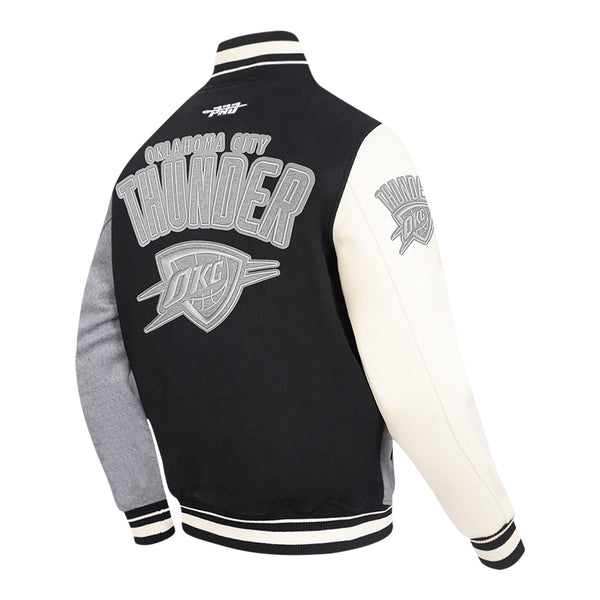 OKC Thunder Pro Standard Colorblock Varsity Jacket in Black - Back Right View
