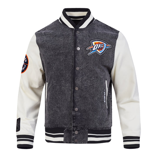 OKC Thunder Pro Standard Washed Denim Varsity Jacket in Grey - Front View