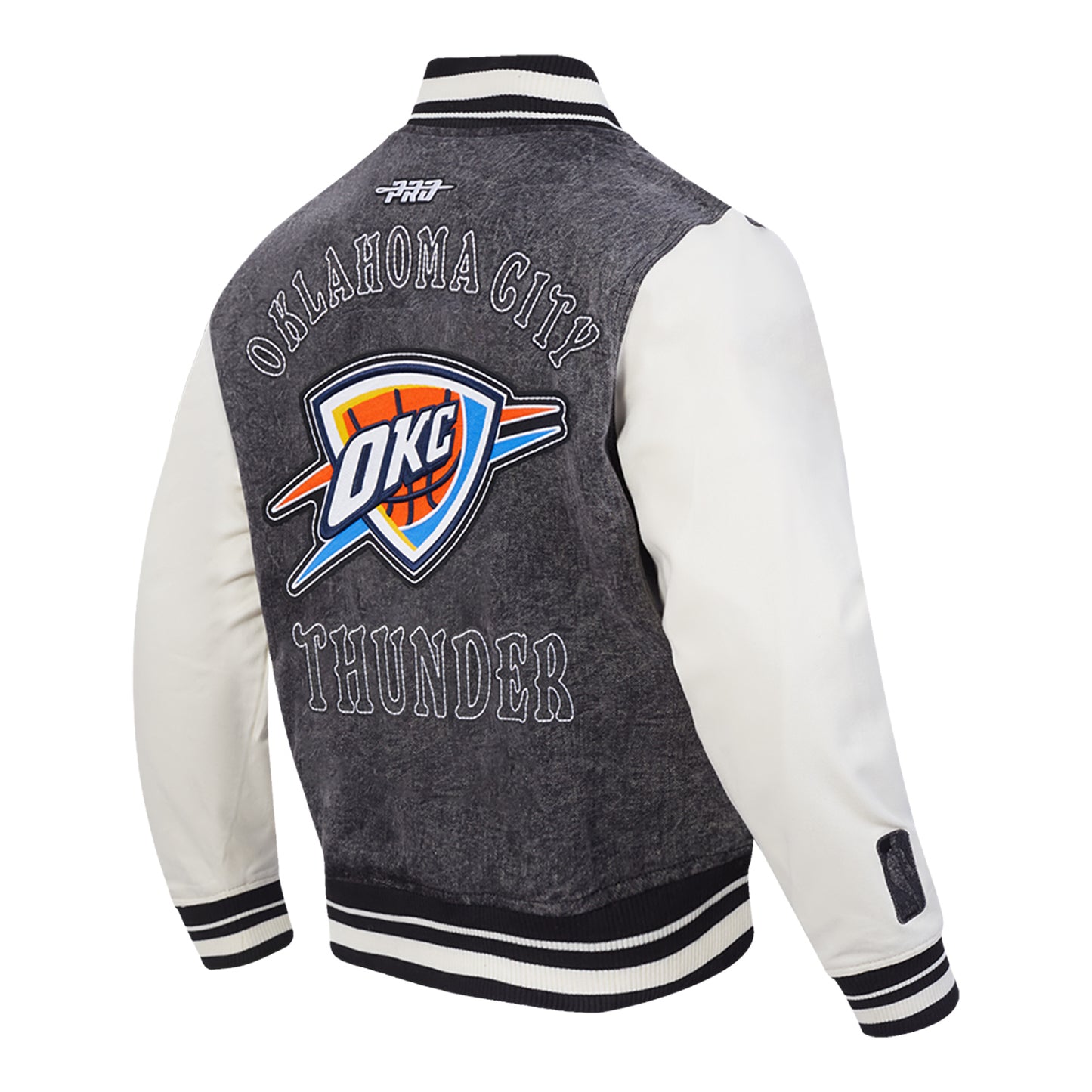 OKC Thunder Pro Standard Washed Denim Varsity Jacket in Grey - Back Right View