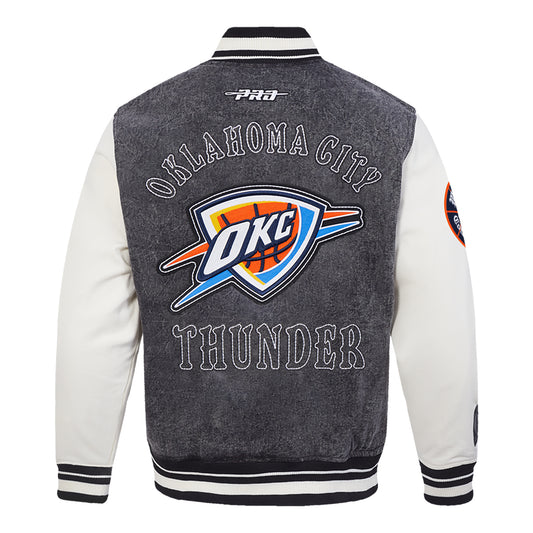 OKC Thunder Pro Standard Washed Denim Varsity Jacket in Grey - Back View
