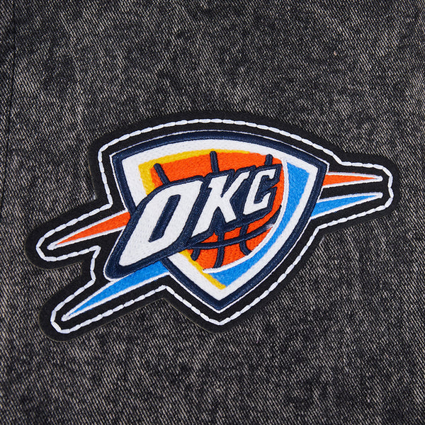 OKC Thunder Pro Standard Washed Denim Varsity Jacket in Grey  - Chest Detail View