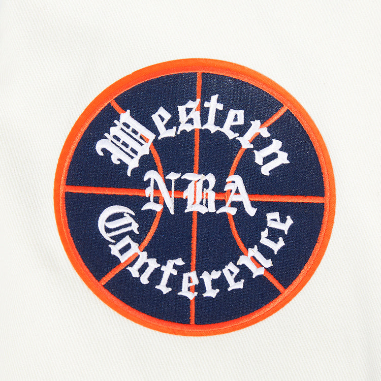 OKC Thunder Pro Standard Washed Denim Varsity Jacket in Grey - Sleeve Detail View