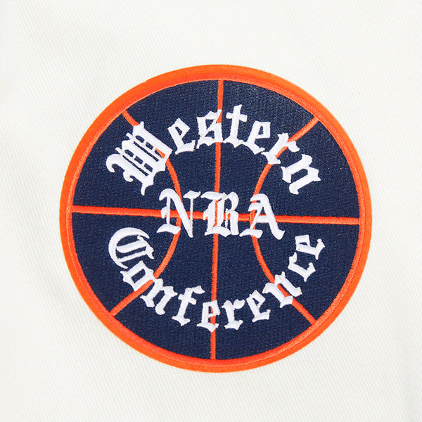 OKC Thunder Pro Standard Washed Denim Varsity Jacket in Grey - Sleeve Detail View