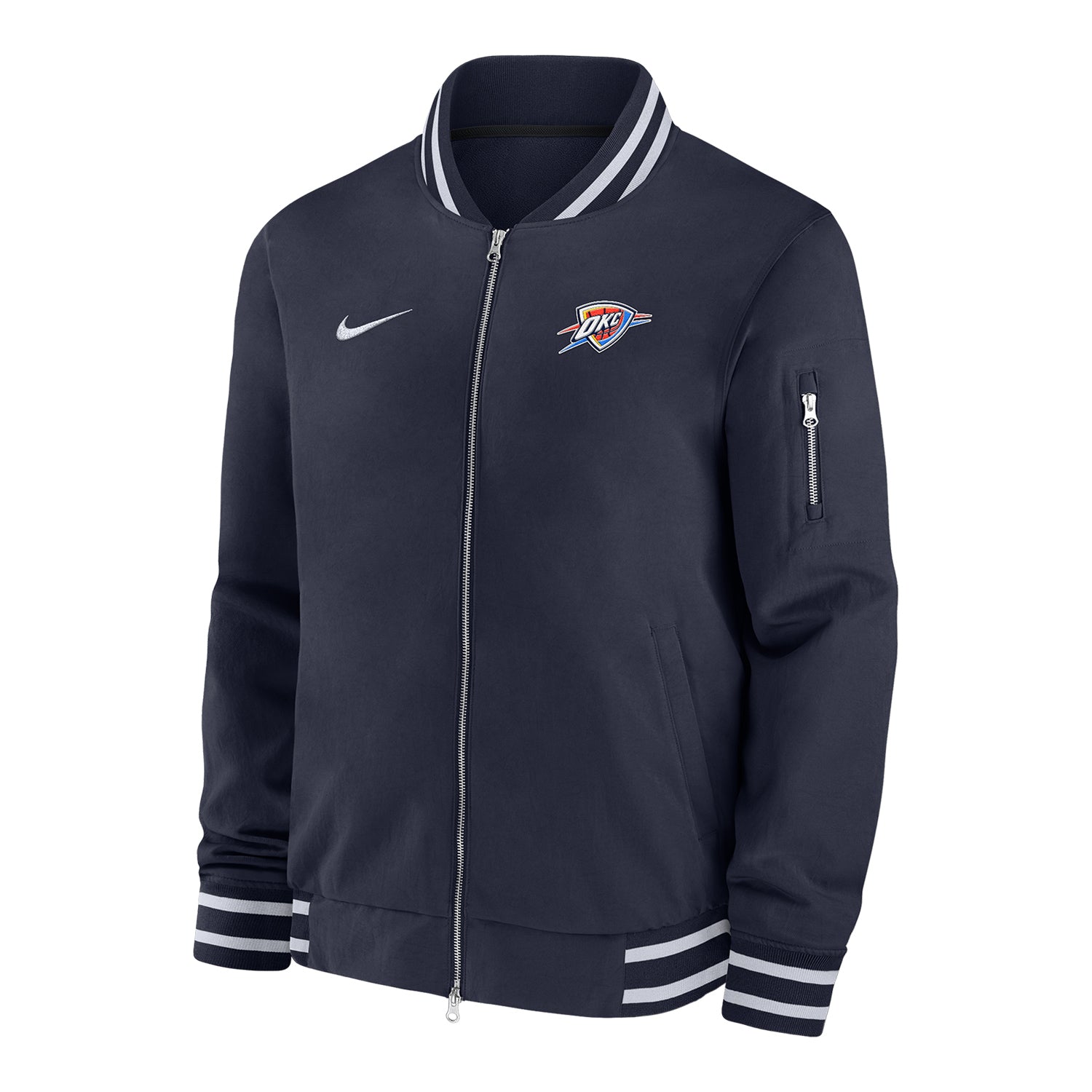 OKC Thunder Nike Ribbed Bomber Jacket in Blue - Front View