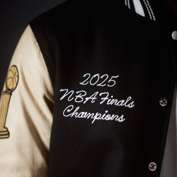 OKC Thunder 2025 NBA Champions Collector's Varsity Jacket in Black- Script Detail on Chest 