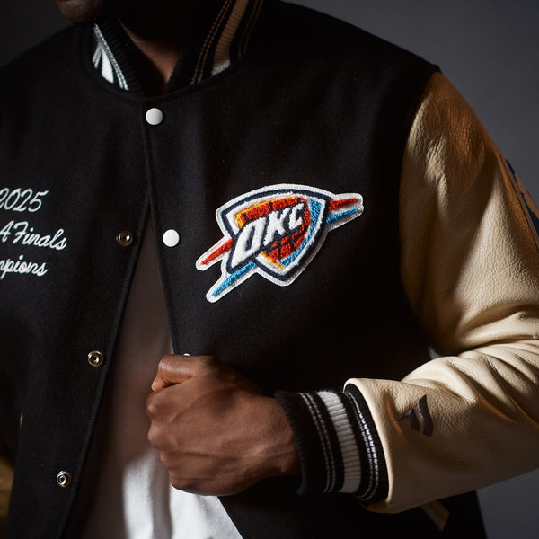 OKC Thunder 2025 NBA Champions Collector's Varsity Jacket in Black- Chest Logo Detail