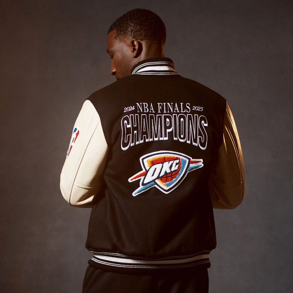 OKC Thunder 2025 NBA Champions Collector's Varsity Jacket in Black- Back View on Model